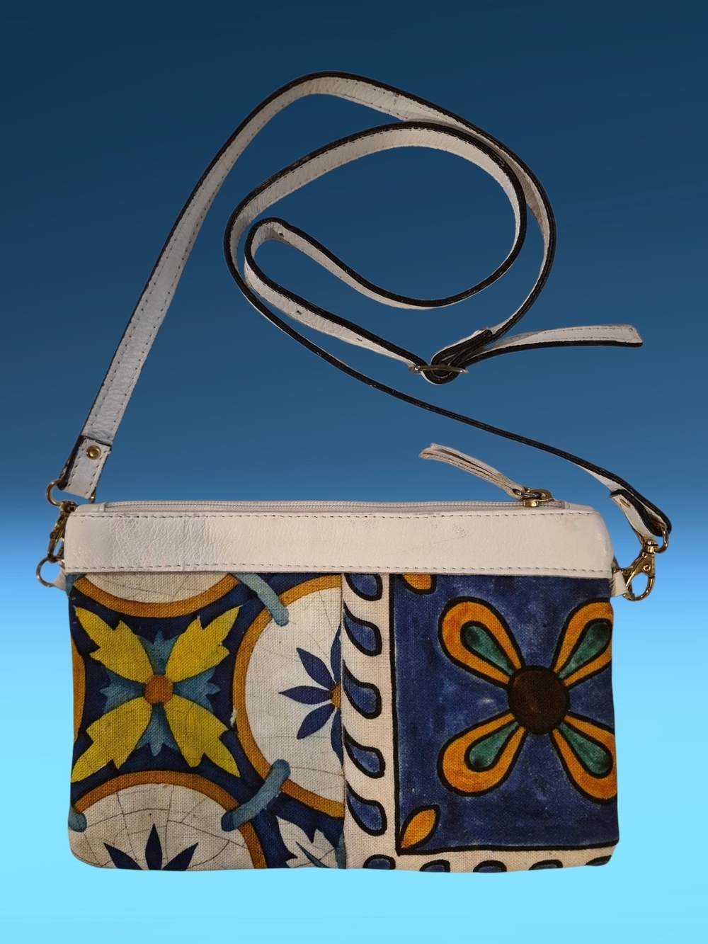 Vera Pelle Majolica Tile Print Canvas White Leather Crossbody Bag